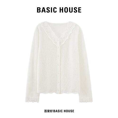 Basic House/百家好白色珍珠扣蕾丝拼接针织衫女V领镂空提花上衣