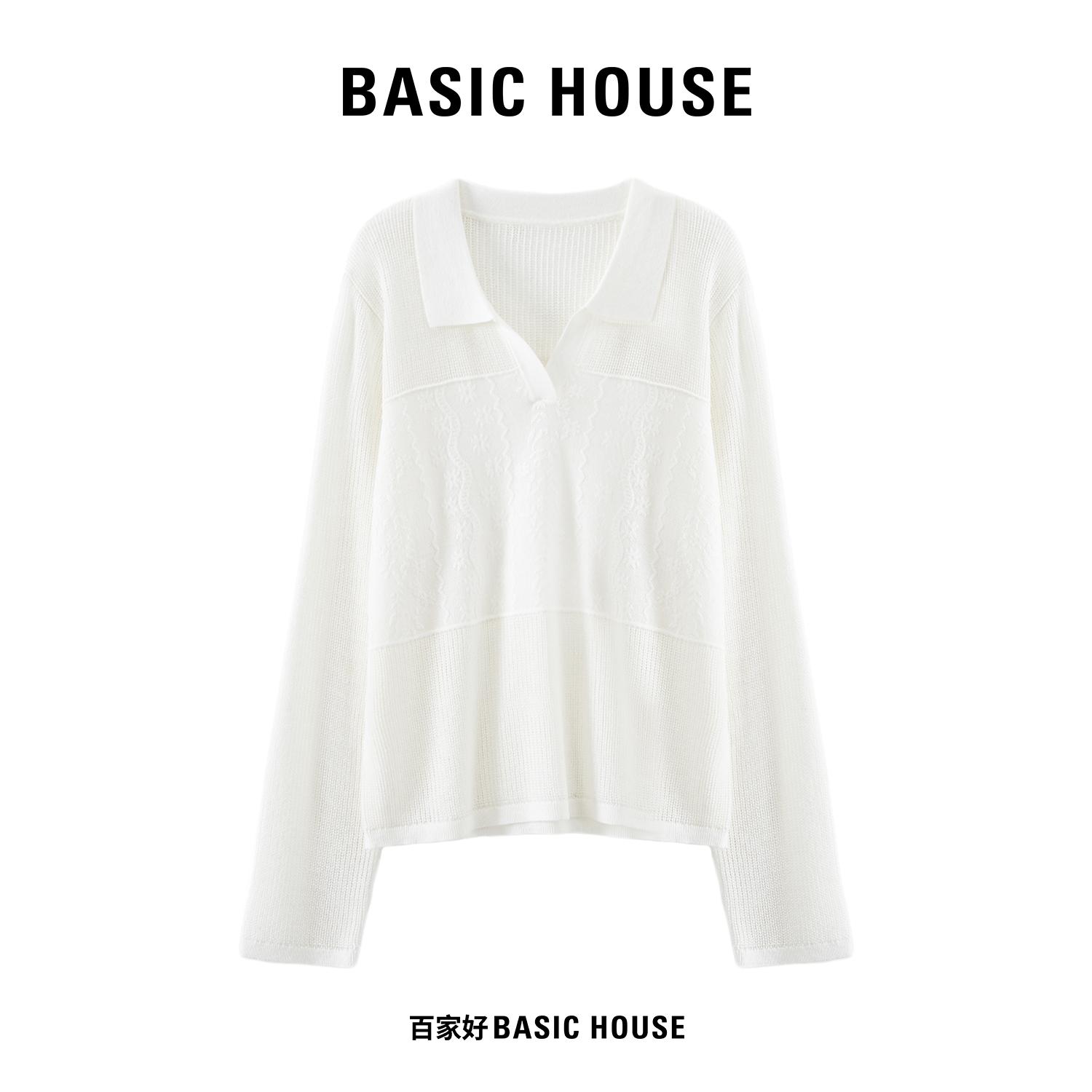 Basic House/百家好早秋新款白色翻领针织衫女重工提花长袖打底衫图片