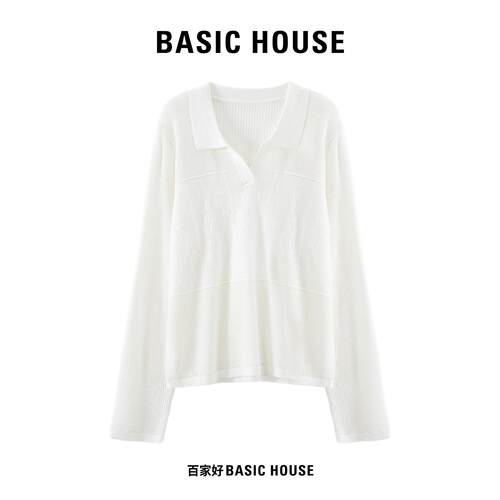 Basic House/百家好早秋新款白色翻领针织衫女重工提花长袖打底衫