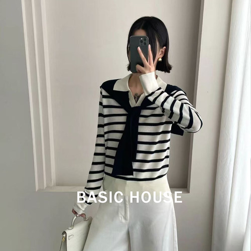 Basic House/百家好休闲通勤披肩条纹针织衫女Polo领宽松显瘦上衣