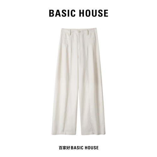 Basic House/百家好宽松阔腿休闲裤女2025年新款纯色显瘦裤子MM