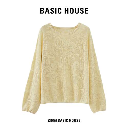 Basic House/百家好法式慵懒风提花针织衫女春夏薄款透气圆领上衣
