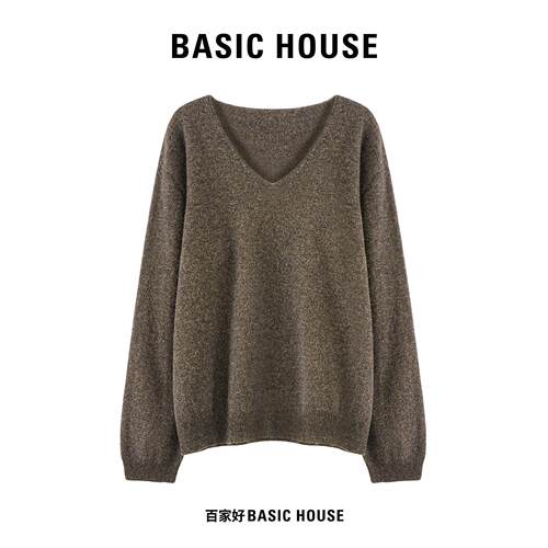 Basic House/百家好简约纯色V领羊毛衣女落肩长袖通勤百搭针织衫