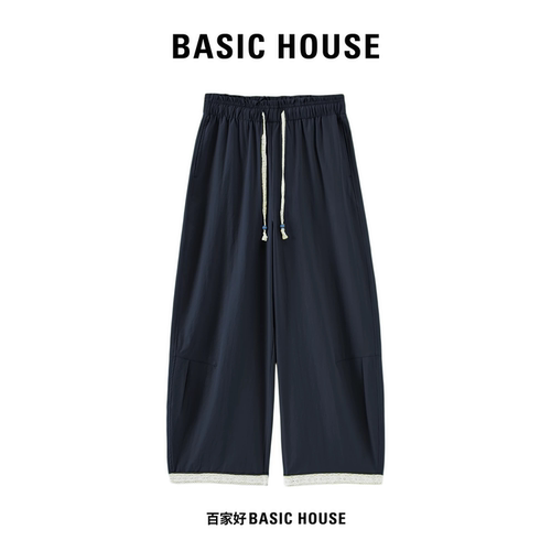 Basic House/百家好宽松慵懒弯刀裤女高腰抽绳蕾丝拼接透气休闲裤