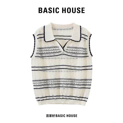 Basic House/百家好小众肌理感条纹polo领针织衫女薄款透气上衣