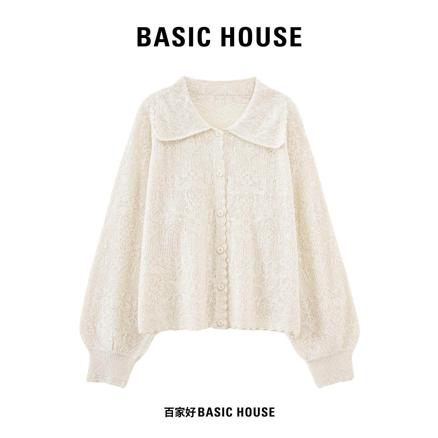 Basic House/百家好娃娃领镂空针织开衫女秋宽松泡泡袖毛衣上衣