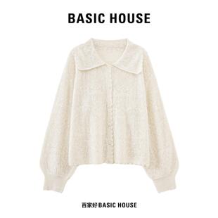Basic House/百家好娃娃领镂空针织开衫女秋宽松泡泡袖毛衣上衣
