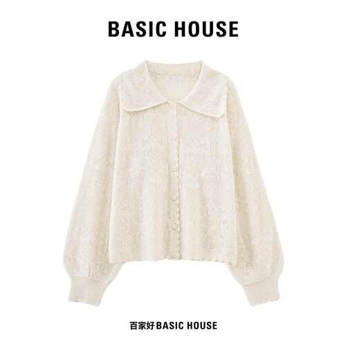 Basic House/百家好娃娃领镂空针织开衫女秋宽松泡泡袖毛衣上衣