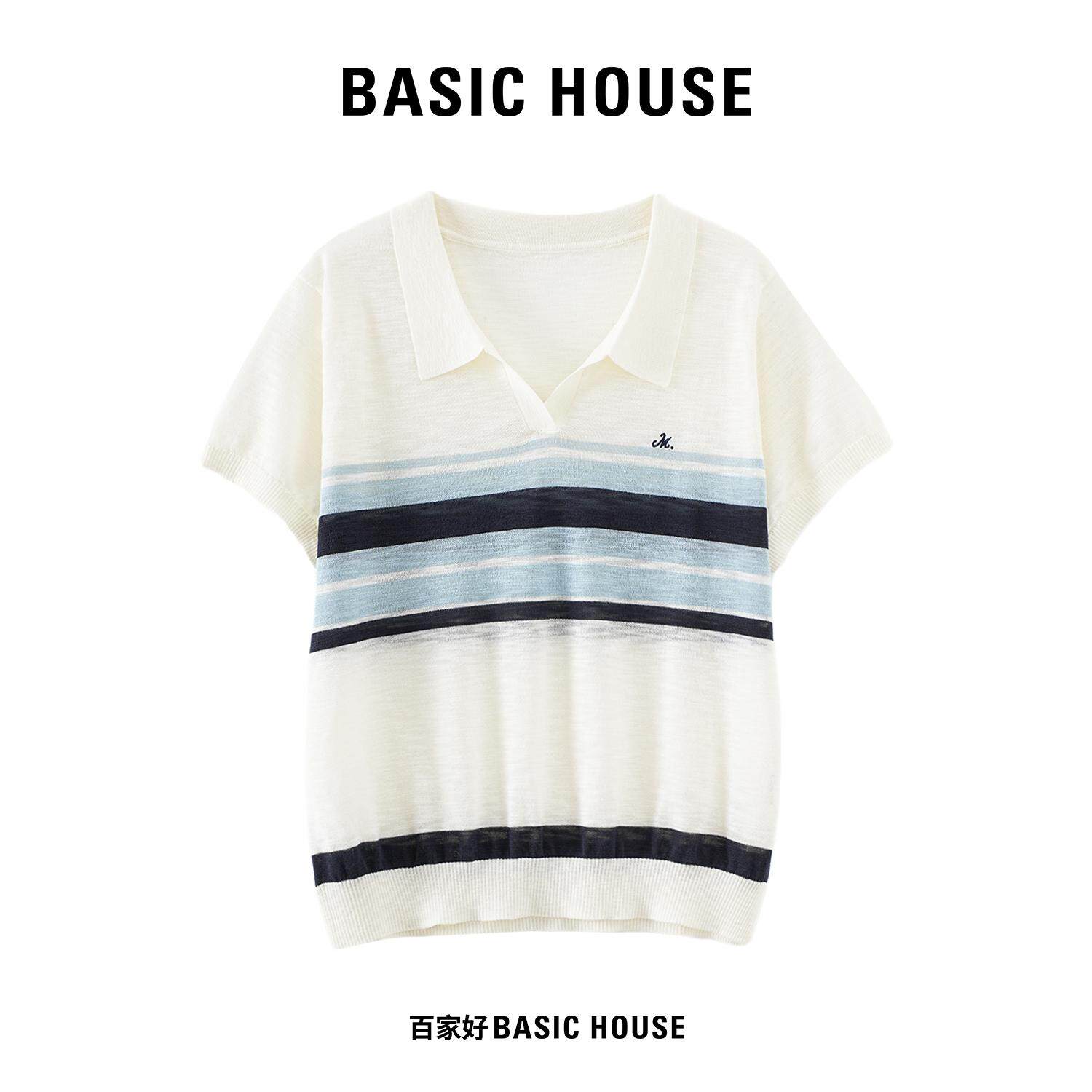 Basic House/百家好黑白拼色翻领短袖针织衫女立体麻花纹宽松上衣