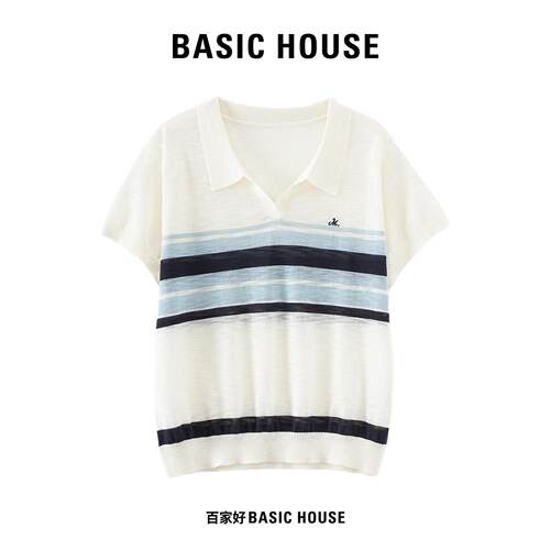 Basic House/百家好黑白拼色翻领短袖针织衫女立体麻花纹宽松上衣