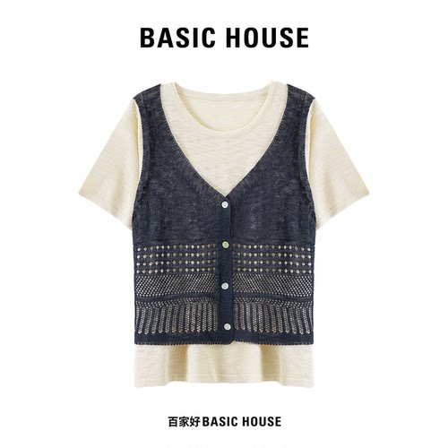 Basic House/百家好假两件镂空针织短袖女夏季V领宽松显瘦上衣