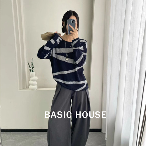 Basic House/百家好复古不规则斜纹针织衫女撞色松弛韩系百搭上衣