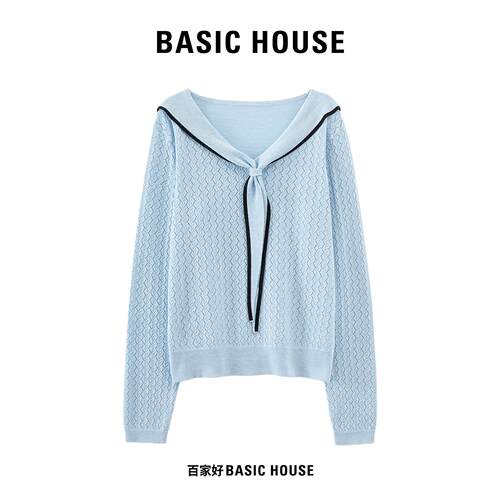 Basic House/百家好减龄学院风海军领针织衫镂空肌理系带长袖上衣