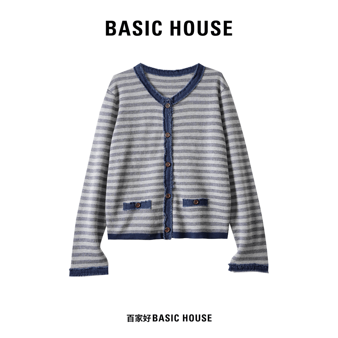 Basic House/百家好长袖针织衫女款2025年秋季新款百搭条纹上衣