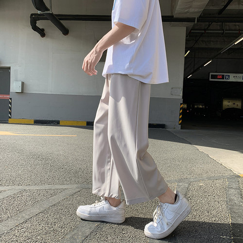 夏季薄款冰丝裤男休闲垂感阔腿直筒九分宽松韩版潮流速干超薄裤子