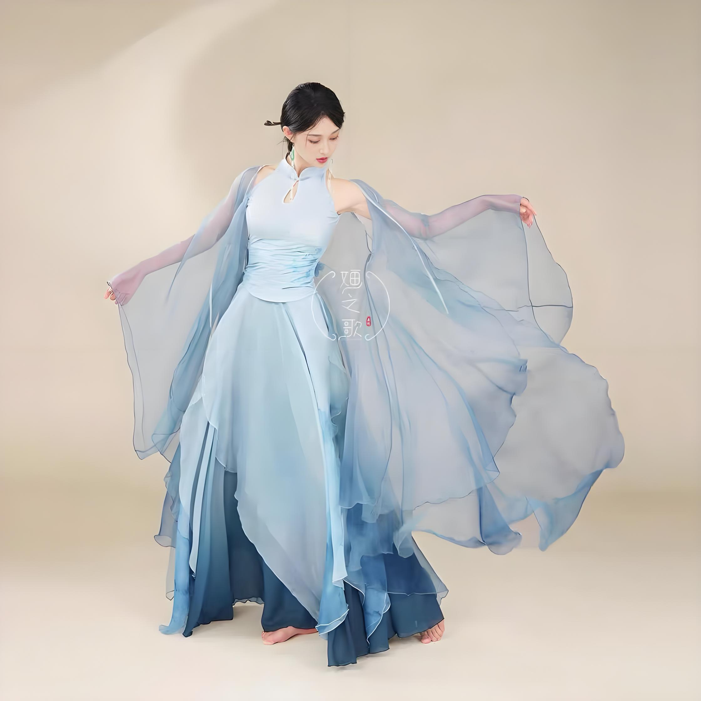 古典舞水墨晕染刺绣荷花舞蹈服仙气飘逸大袖衫古典舞服大摆裙