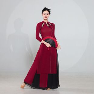 中国风古典舞蹈服女新中式改良红色旗袍舞蹈表演服身韵飘逸套装