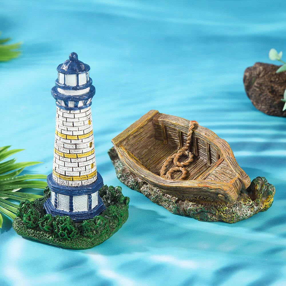 地中海风格树脂灯塔鱼缸造景摆件水族箱布景小木船礁石沉底装饰品