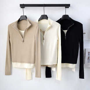 美丽诺羊毛假两件针织衫 毛衣打底上衣 女2025秋冬拼色拉链立领修身