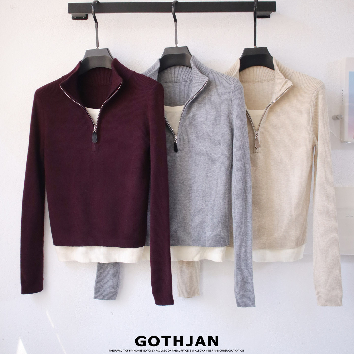 羊毛拼色假两件半拉链立领针织衫