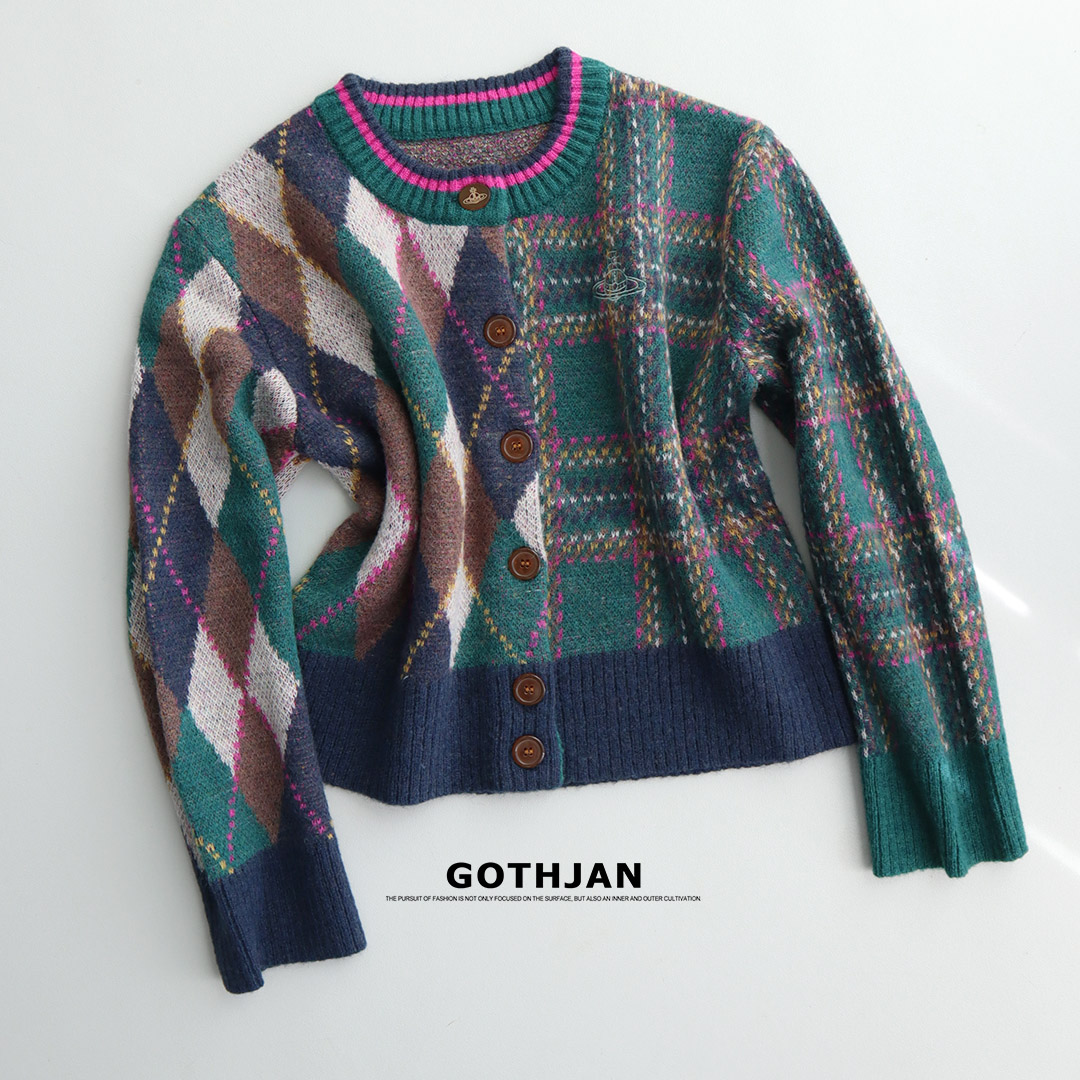 星球刺绣欧货复古格纹开衫毛衣