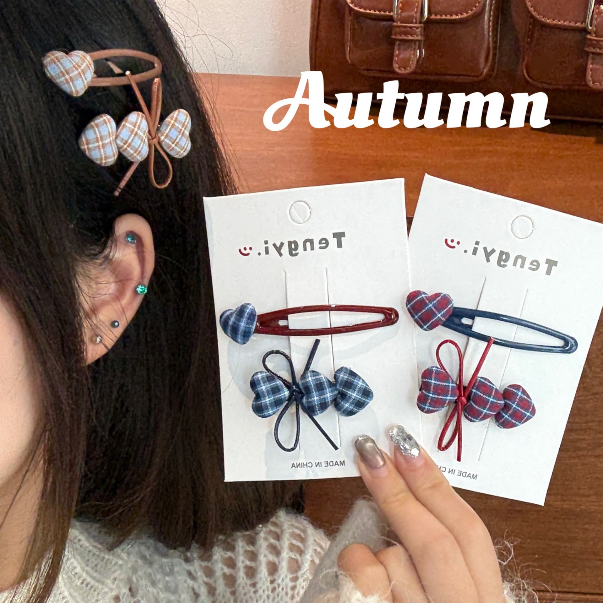 质量严选新款学院风可爱格纹爱心发夹少女鸭嘴夹复古碎发刘海夹侧