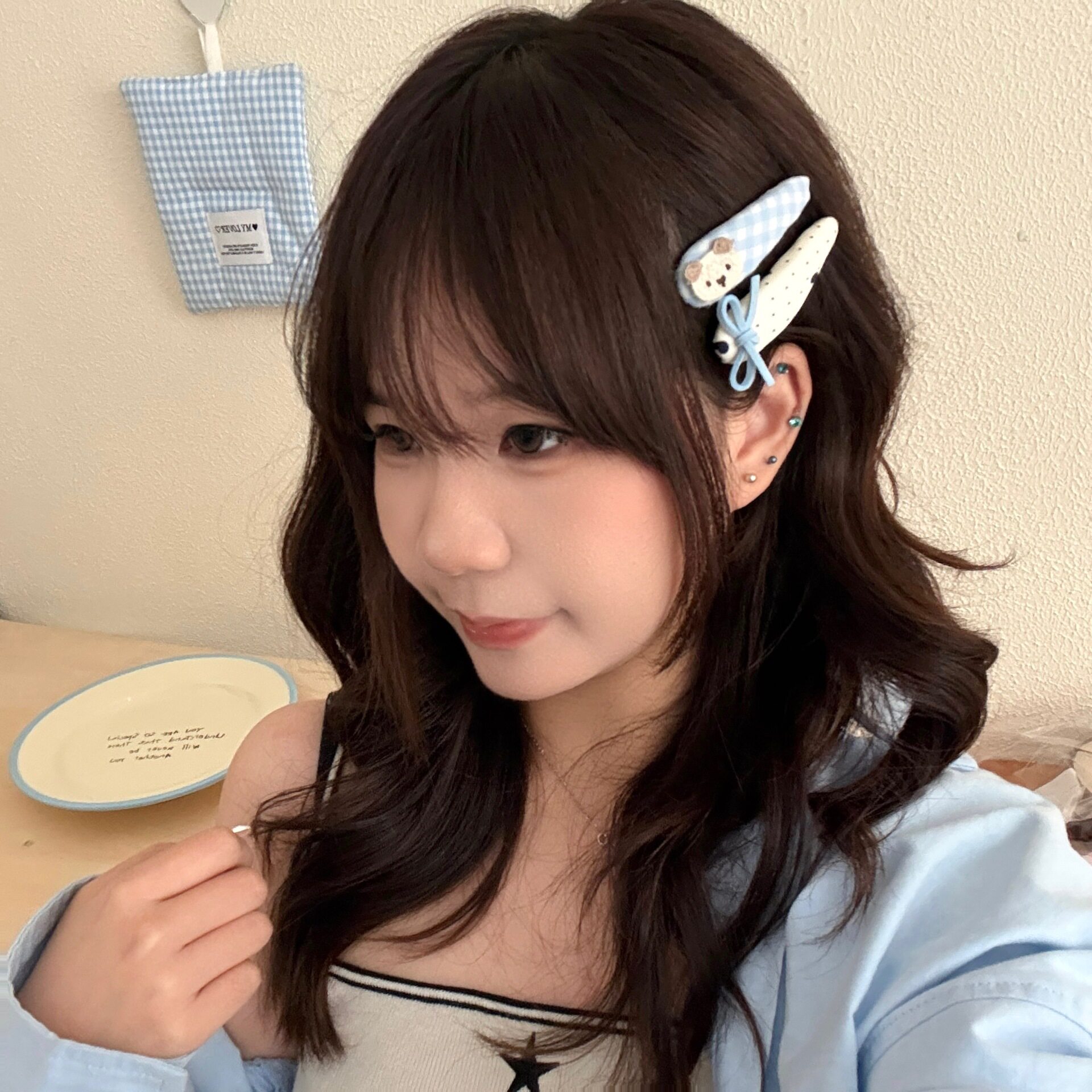 新款甜美少女心蓝色系格纹刘海夹