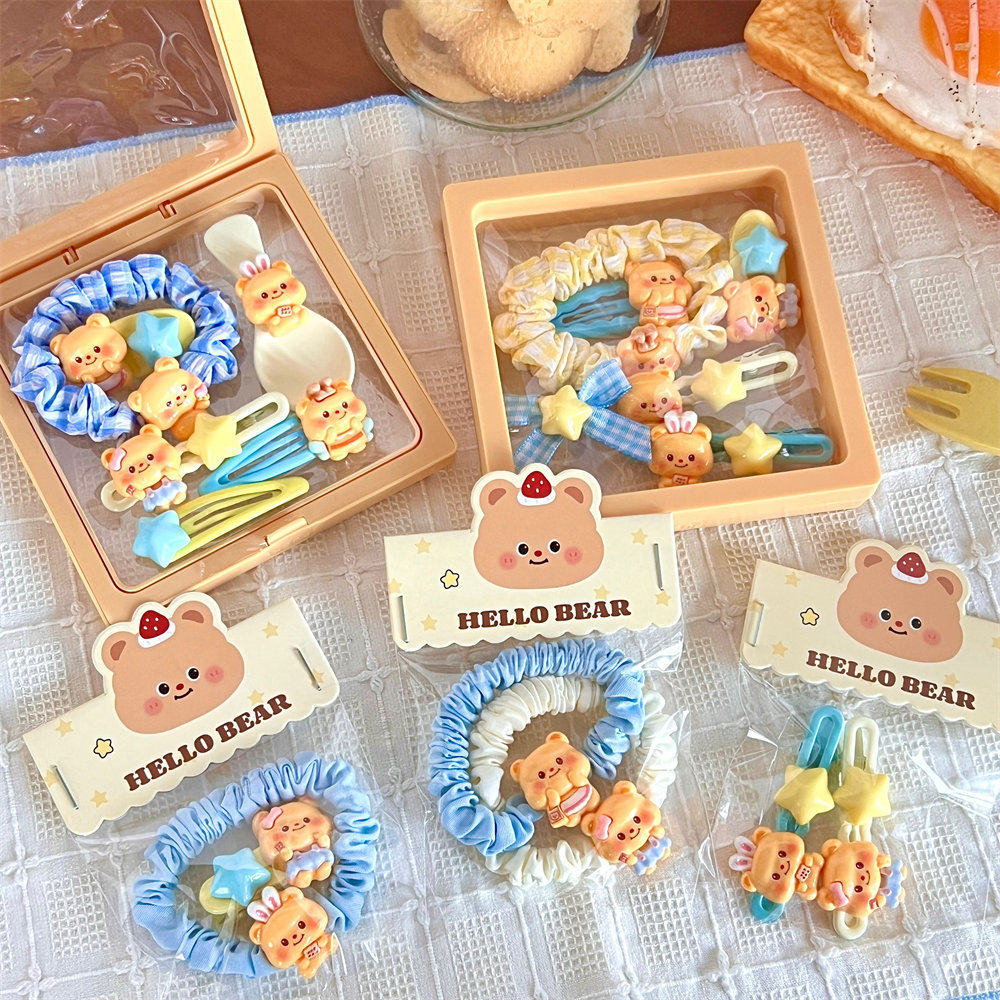 跨境海外新款可爱奶黄小熊发饰套装软妹碎发刘海夹学生马尾发绳侧