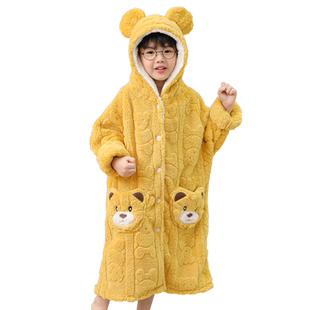 儿童加厚睡袍提花男童中大童珊瑚绒睡衣家居服女童冬季法兰绒浴袍