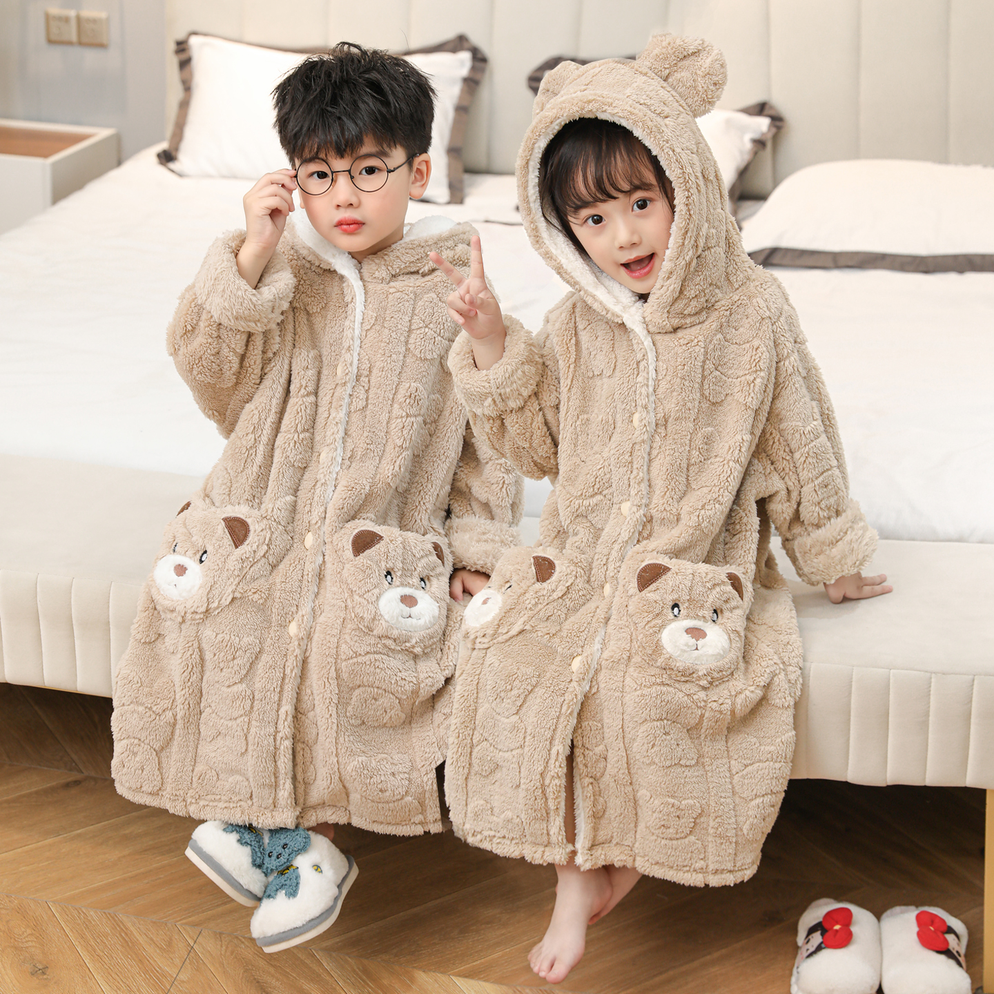 儿童睡袍加厚睡袍提花珊瑚家居服