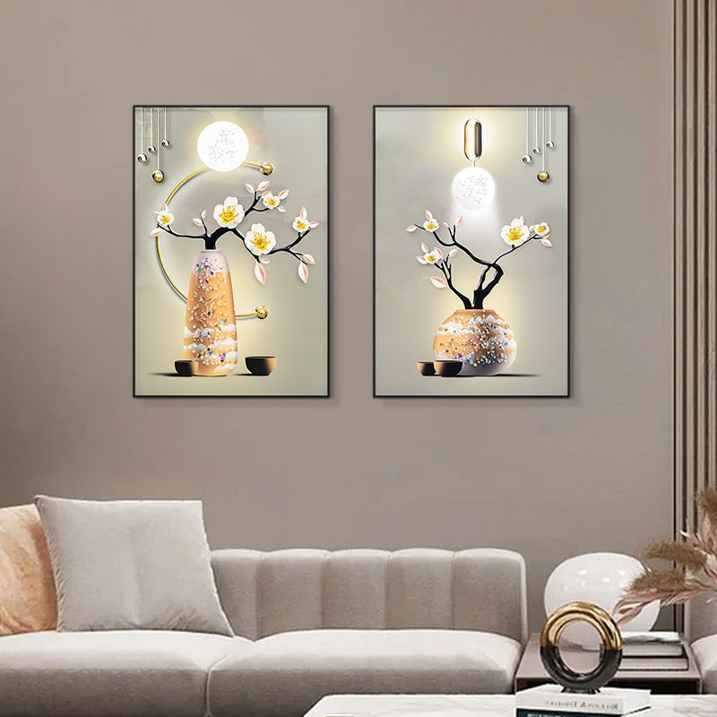 现代轻奢高档新款两联晶瓷镶钻立体 走廊餐厅装饰画植物挂画花瓶m图片