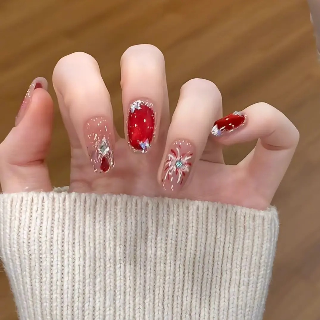 秋冬手绘烟花显白猫眼美甲