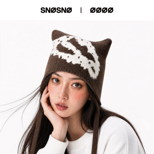 SNOSNO滑雪冷帽猫耳绵羊毛针织帽