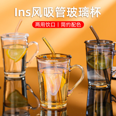 日式450ml玻璃杯带把手高颜值办公室家用喝水杯子ins风吸管杯咖啡