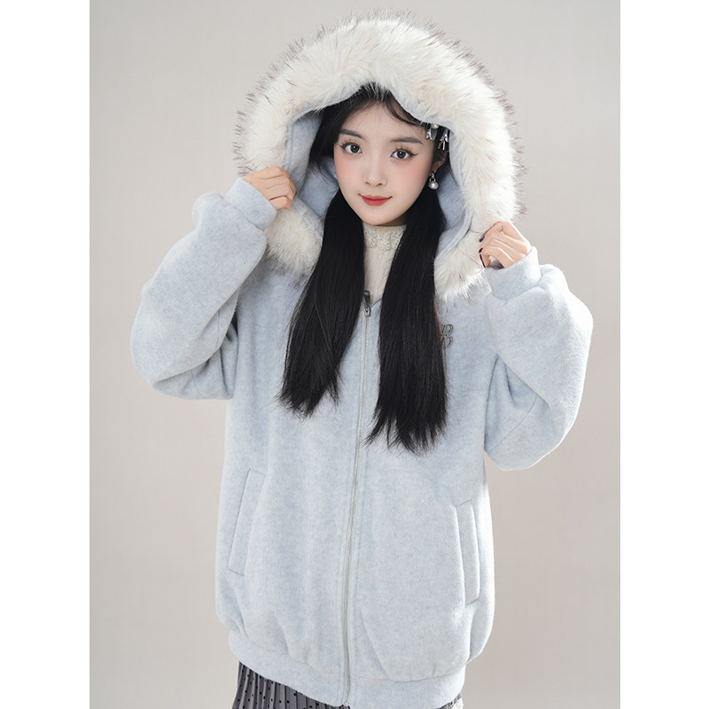 韩系气质连帽毛领呢子大衣女冬季拉链卫衣开衫贵气蓝色外套