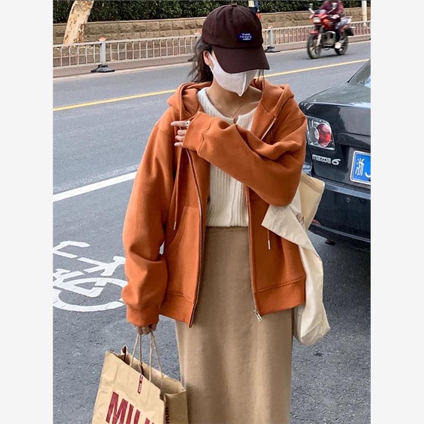 脏橘色连帽加绒卫衣开衫外套女2025新款爆款秋冬小个子加厚棒球服