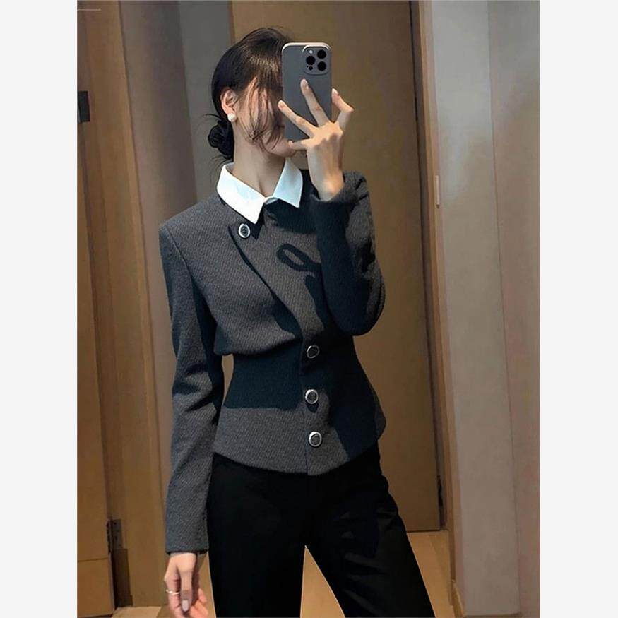 灰色假两件外套女2025秋季时尚洋气时髦轻奢高级感气质小香风上衣