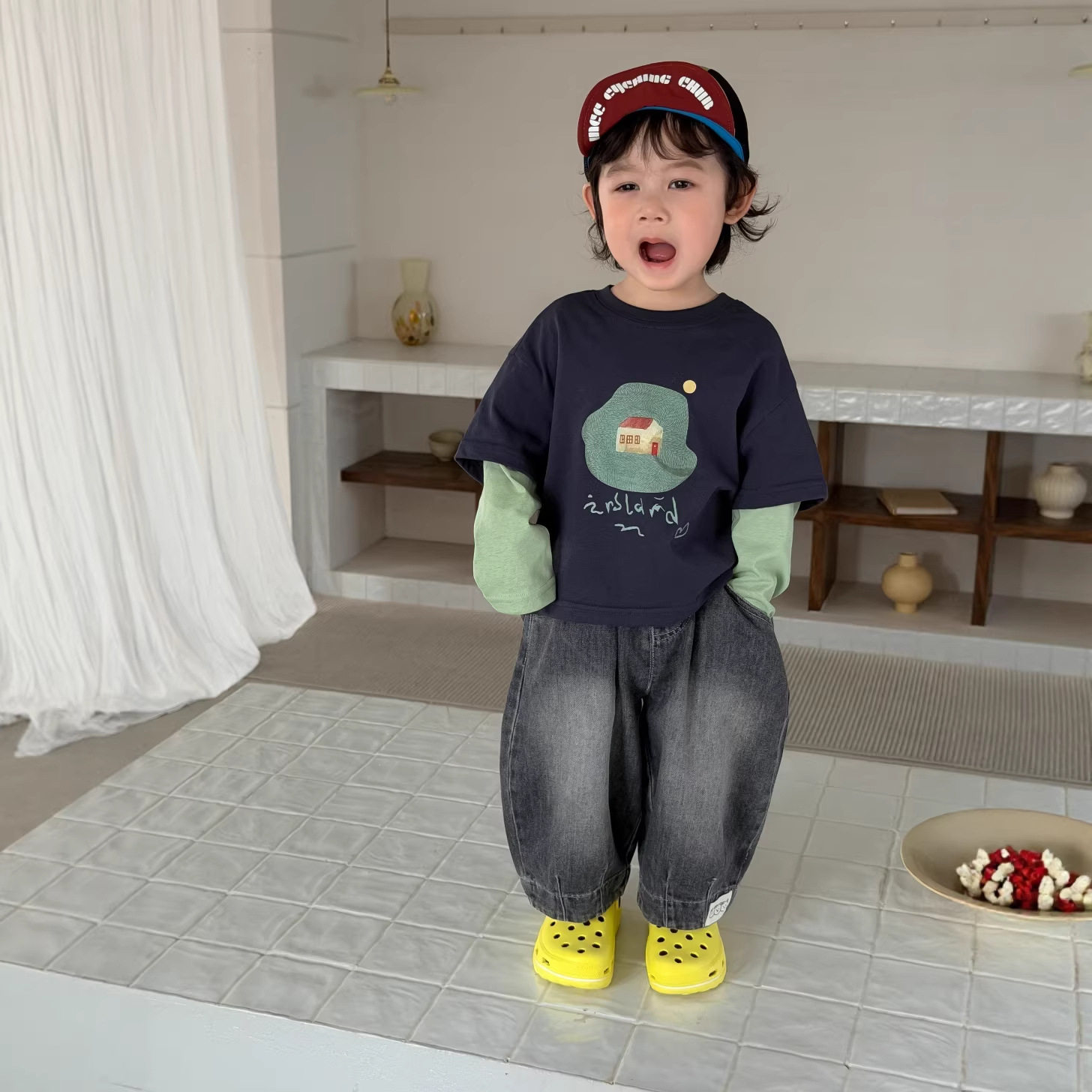 男宝韩版春装长袖T恤纯棉假两件打底衫男童宽松上衣牛仔裤套装