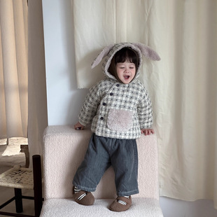 婴儿棉服外套男童加绒格子棉衣可爱绒小宝宝新年衣服加厚连帽棉袄
