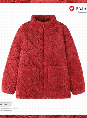 立领加绒女士三层加厚法兰绒单件上衣家居服冬天珊瑚绒夹棉可外穿