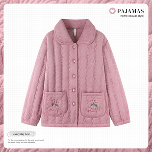 珊瑚绒夹棉中年妈妈睡衣女冬季法兰绒加厚加绒单件上衣女款家居服