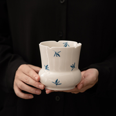 甜白手绘蝴蝶兰茶洗建水缸陶瓷功夫茶具废水缸水盂茶渣缸茶道配件