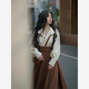 微胖改良日常通勤汉服秋冬汗元素唐制圆领衫+一片式半身裙套装女