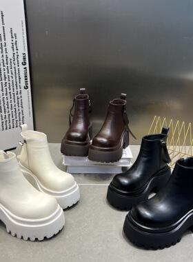 日本OFFCAT黑色烟筒短靴女2025新款真皮飘带厚底松糕加绒马丁靴圆