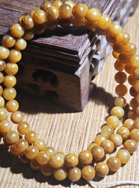 正宗新疆和田玉籽料黄沁6mm圆珠手链多圈手串肉沁色天然玉沁收藏