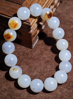 在售13.5g新疆和田玉籽料青花枣红皮12mm圆珠手串点墨意境款无暇