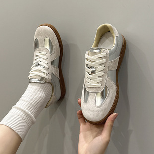自然卷新款厚底德训鞋复古圆头拼色板鞋系带通勤小白鞋官方旗舰店