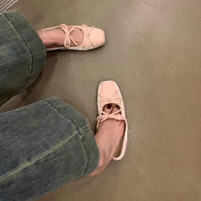 自然卷文艺女鞋内增高蝴蝶结方头芭蕾舞鞋浅口单鞋仙女温柔玛丽珍