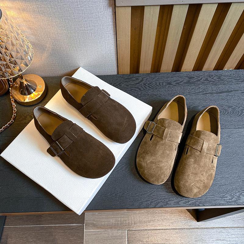 自然卷真皮勃肯鞋女2025新款春秋休闲单鞋全包一脚蹬平底鞋小皮鞋