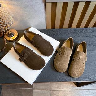 自然卷真皮勃肯鞋女2025新款春秋休闲单鞋全包一脚蹬平底鞋小皮鞋